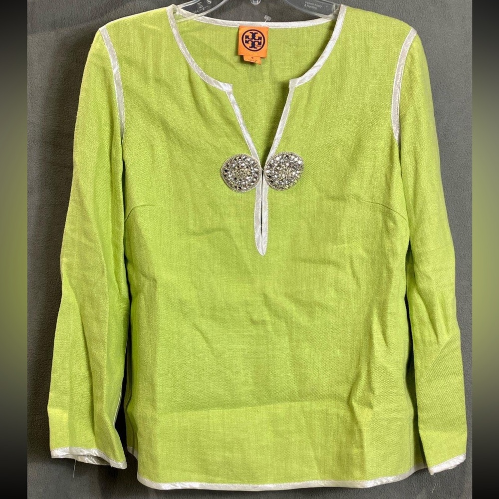 Tory Burch Linen Long Sleeve Blouse with Rhinestone Embroidery